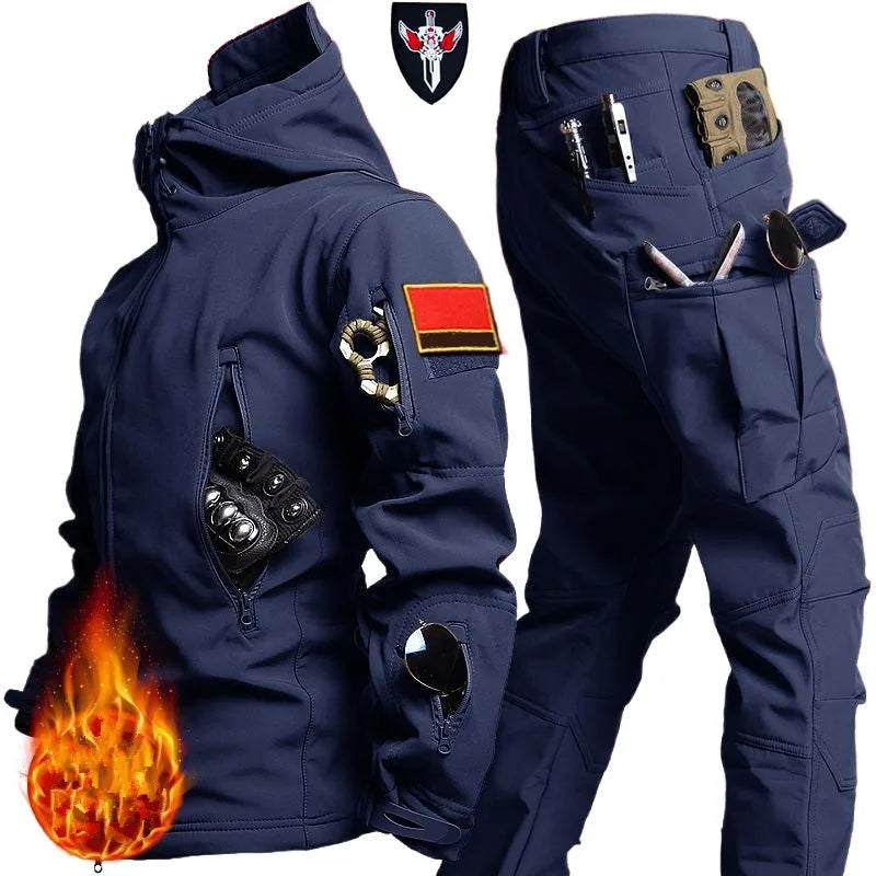 Tactical Winter Set Men's Outdoor Windproof Waterproof Suit Multi-Pocket Soft Shell Hooded Jackets Sharkskin Work Pants