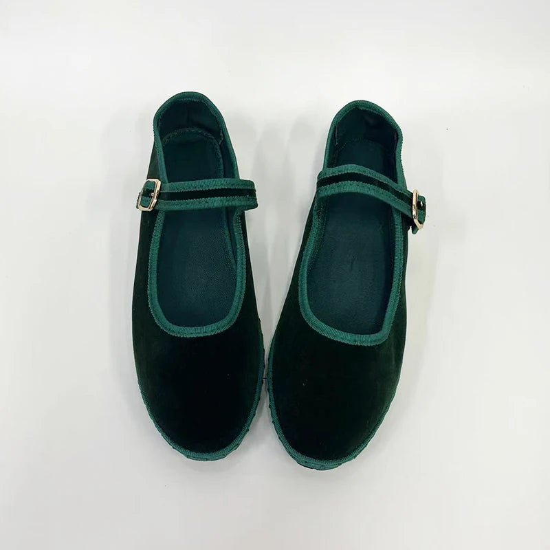 Flannel Flats Women Shoes Hand Stitch Mary Janes Ballet Casual Shoes Ladies Elegant Buckle Closure Velvet Loafers Dark Green