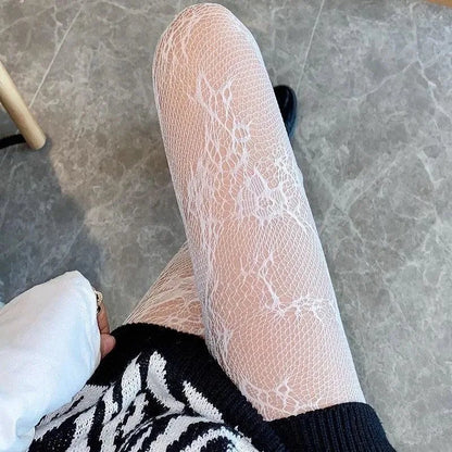 Kawaii Gothic Hollow Out Pantyhose Lolita Bow Knot Fishnet Stockings Women Spicy Girl Black White Sexy Thin Ins Tide Lace Tights