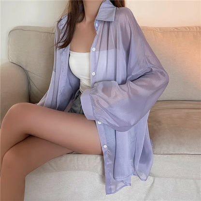 Semi Sheer Long Sleeve Shirt for Women Shimmer Button Down Collared Plain Lightweight Shirt Spring Summer Chic Tops Outfit