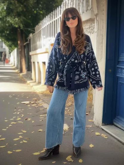 Tassel Patchwork Printed Cardigan Women Fashion V-neck Long Sleeve Loose Outerwears Lady Autumn Daily Commute Street Cardigans