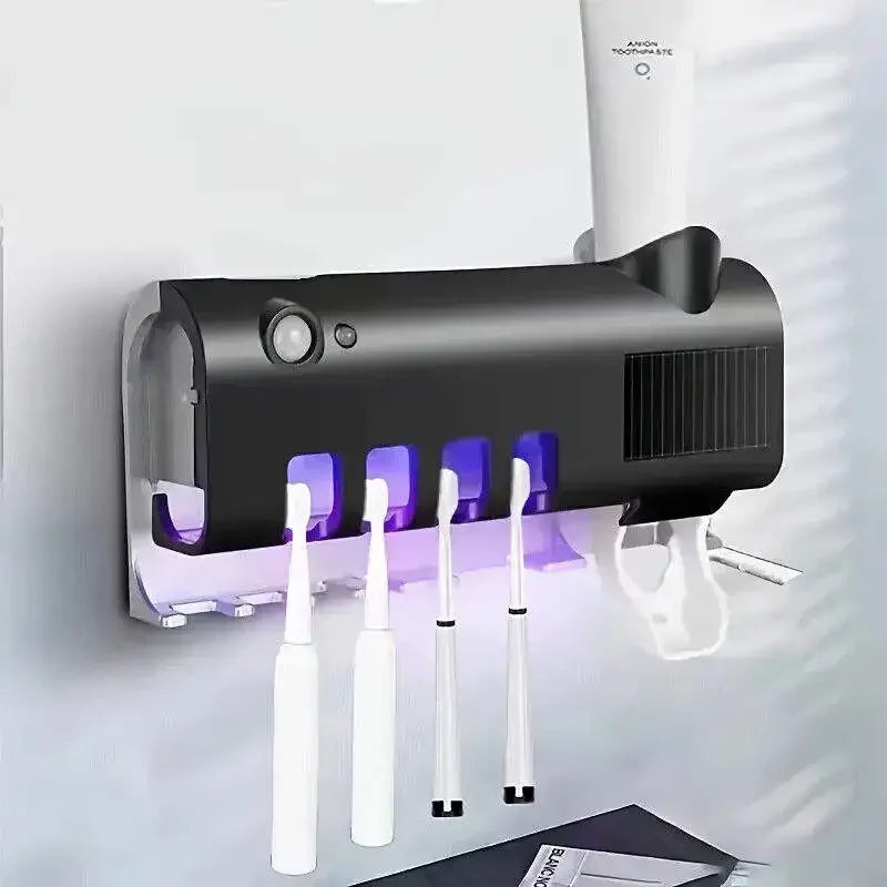 A wall mounted solar ultraviolet toothbrush sterilizer with automatic toothbrush holder and bathroom accessories