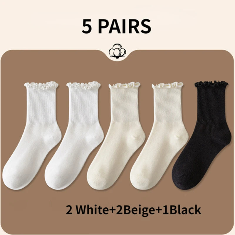 5 Pairs /Lot Socks for Women Ruffle Middle Tube Ankle Short Breathable Black White Set Spring Autumn