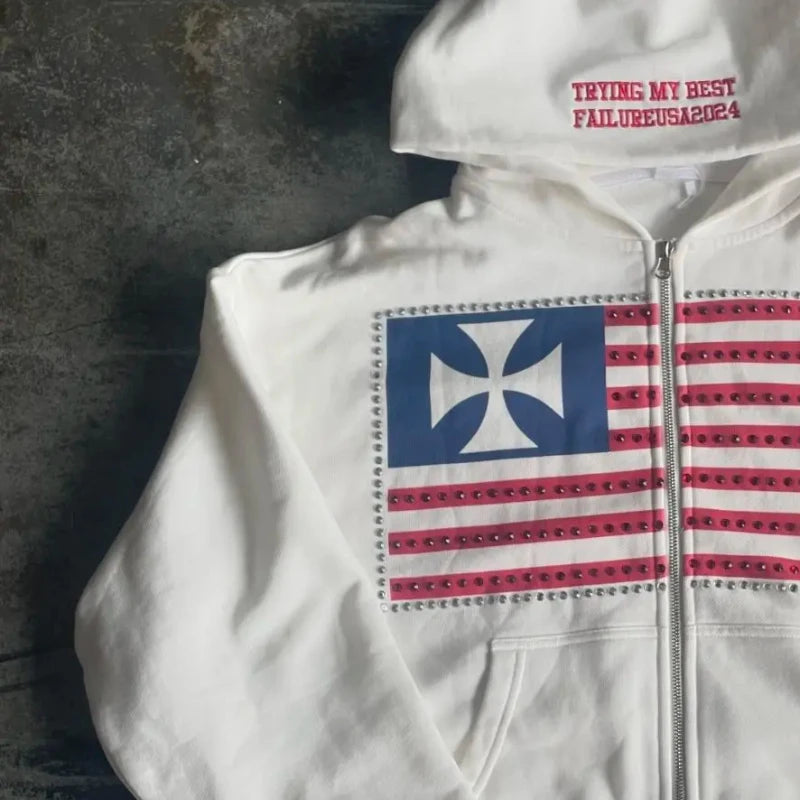 Autumn and winter new minimalist design color collision pattern women hooded sweatshirt Harajuku Y2k loose zipper sweatshirt