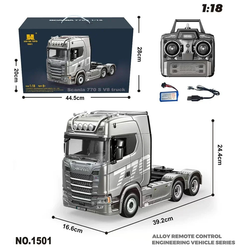 HUINA 1/18 19CH RC Truck 1501 770S Scania Alloy Tractor 2.4G Remote Control Engineering Trailer Truck with Light and Sound Toys