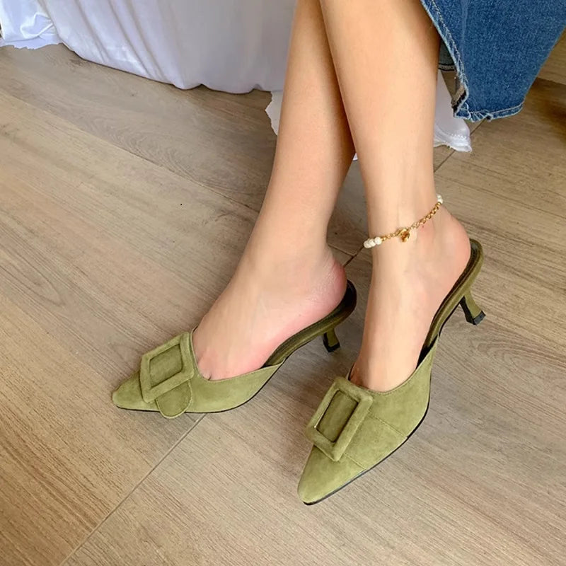 2025 Womens Summer sandals Lady mules basic style shoes natual suede french style buckle slippers Women pump pointed toe size 42