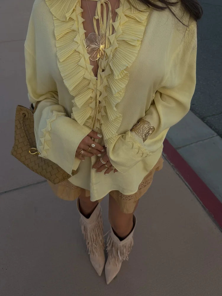 Women Solid Chiffon Ruffle Yellow Blouse Sheer V-neck Lace Up Full Flared Sleeve Shirts 2025 Summer Lady Fashion Loose Top New
