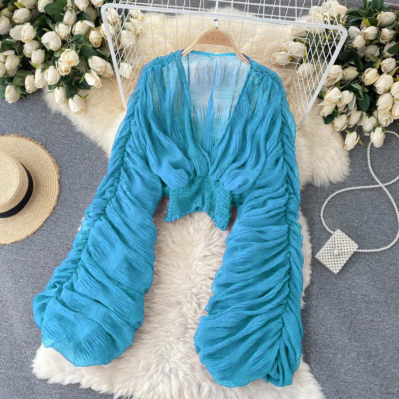 Women Sexy Chiffon Short Blouse Female See Through Super Long Sleeve Blusas Purple/Green/Black/White Folds Party Tops 2022 New