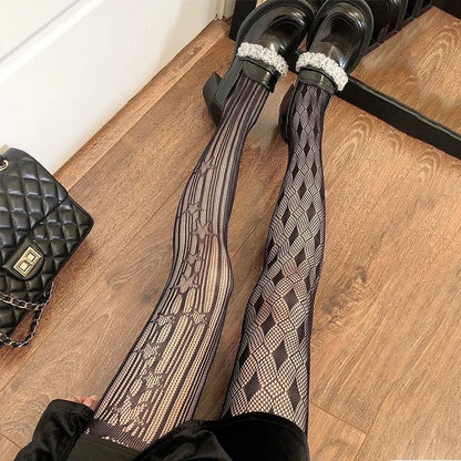 Gothic Fishnet Stockings Black Tights Women Sexy Nylon Sheer Pantyhose Lolita Hollow Out Floral Lace Pantyhose Cosplay Plus Size