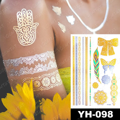 Waterproof Temporary Tattoo Sticker Flowers Mandala Henna Golden Silvery Metallic Flash Tatoo Boho Hand Jewelry Glitter Body Art