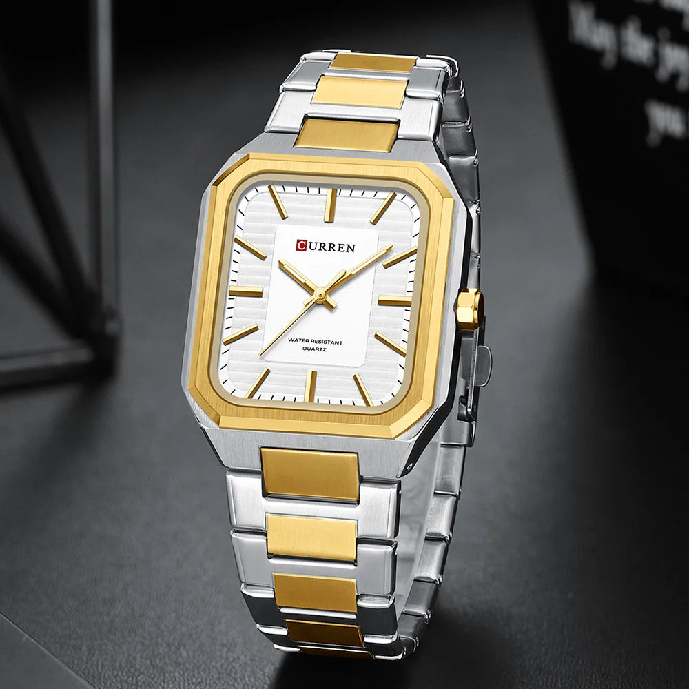 CURREN 8457 Square Minimalist Steel Band Watch Waterproof Couple Watch Men's and Women's Watch with Bar Dial