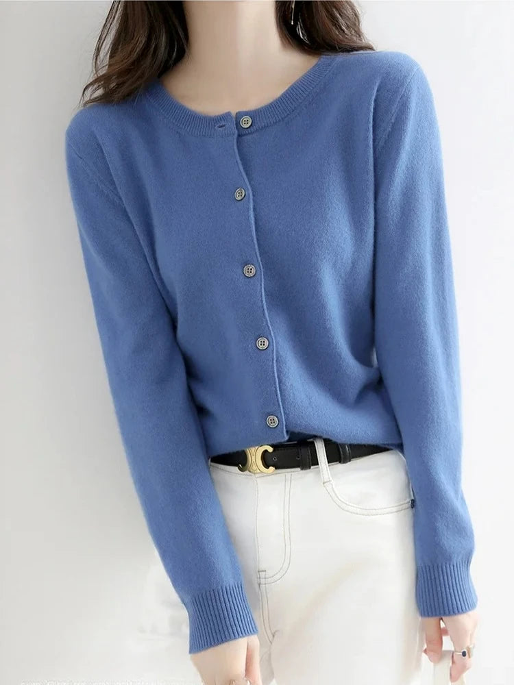2025 New Worsted Spring And Autumn Women Cardigan Round Neck Knitwear Solid Color Fashion High-grade Knitwear Sweater