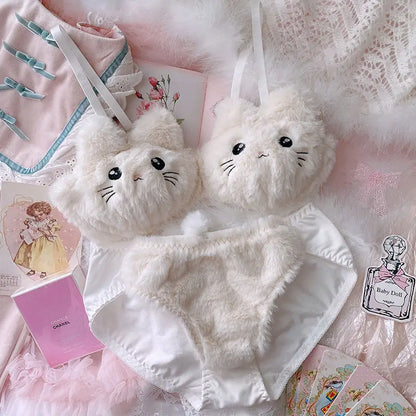 Japanese Girls Winter Soft Ropa Interior Cute Lingerie for Women Cartoon Bear Students Plush  Sexy Bras Wireless Thin Bra Set