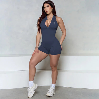 Allure The Brand Sleeveless ZIPPER Scrunch Butt Romper Women Sporty Jumpsuit Lycra Short Fitness Gym Overalls Workout Clothes