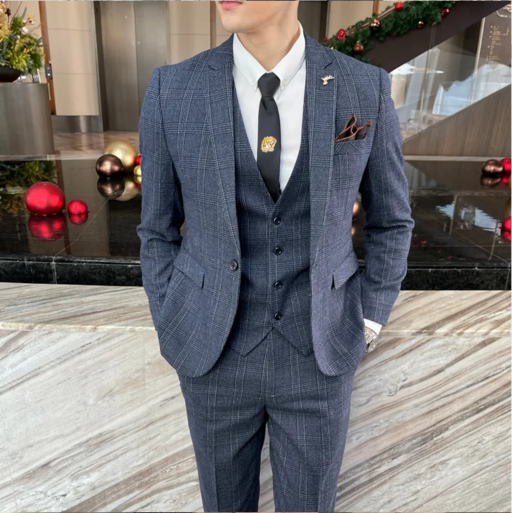 British Korean Style High Quality Modified Plaid Three-Piece Suit for Men - Stylish Business Casual Suit Vest And Trousers Set