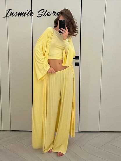 Casual Solid Women 3 Pieces Suits V-neck Long Coats O-neck Slim Top Wide Leg Trousers 2025 Spring Summer New Fashion Female Sets