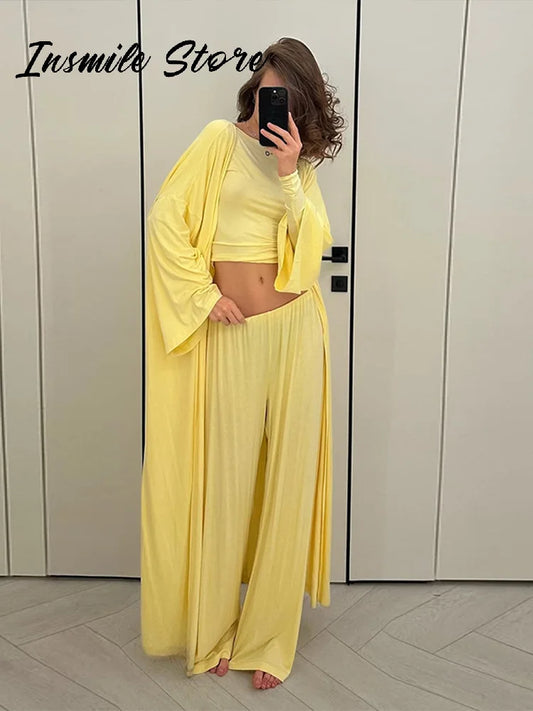 Casual Solid Women 3 Pieces Suits V-neck Long Coats O-neck Slim Top Wide Leg Trousers 2025 Spring Summer New Fashion Female Sets