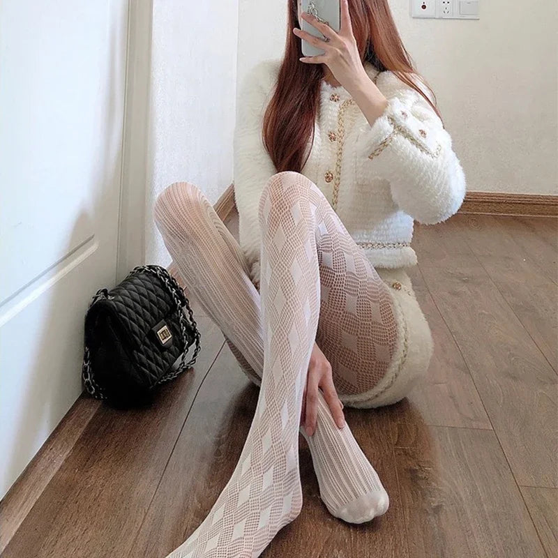 Gothic Fishnet Stockings Black Tights Women Sexy Nylon Sheer Pantyhose Lolita Hollow Out Floral Lace Pantyhose Cosplay Plus Size