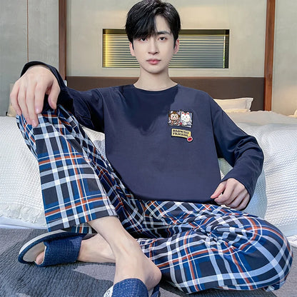 Spring Autumn Plus 4XL Knitted Men's Sleepwear Letter Lattice Pajamas Plaid Pajamas Sets Casual Loungewear Pyjamas Night Fashion