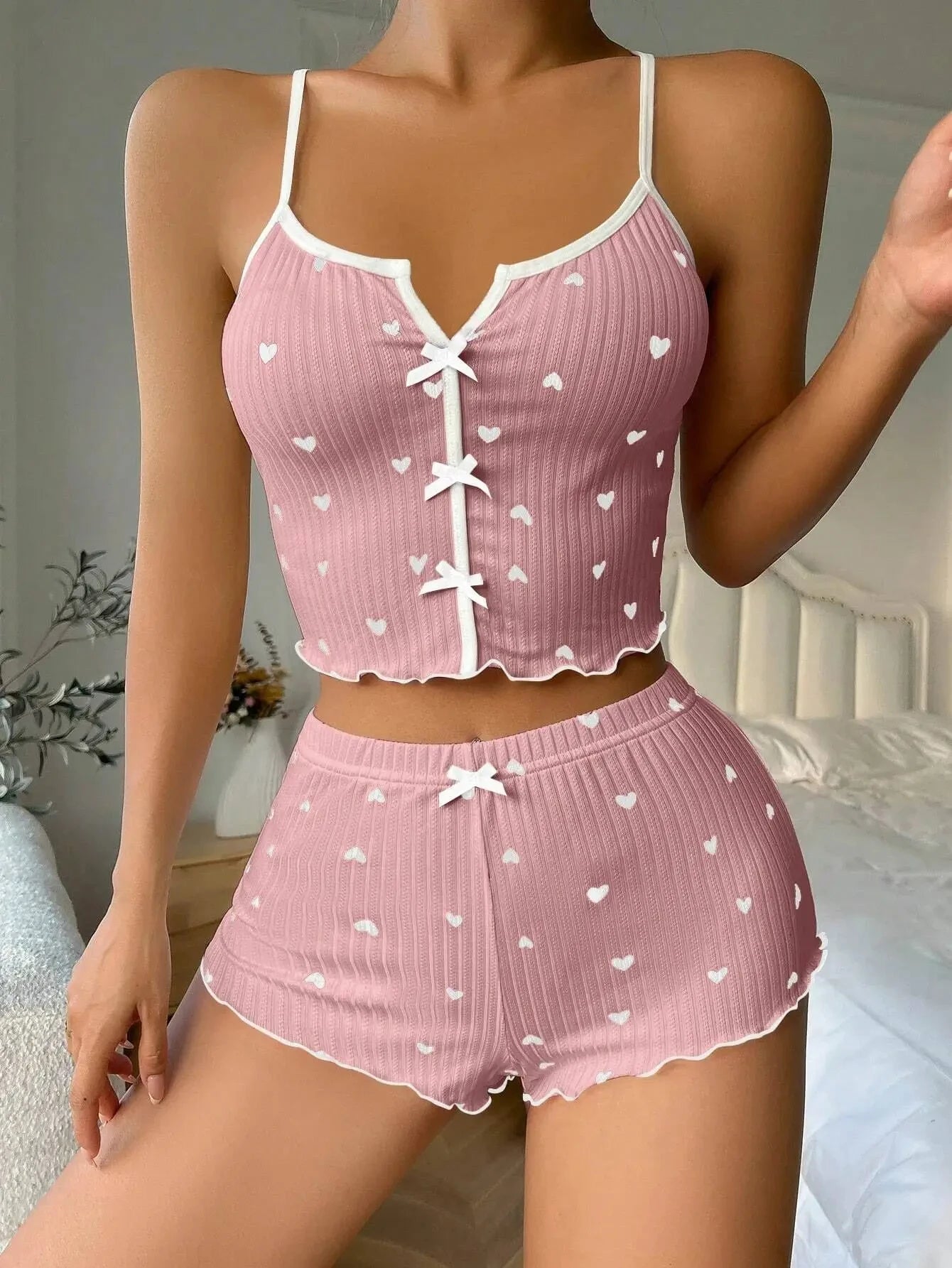 Sexy Sleepwear Women Pajamas Set Heart Print Silk Stain V-Neck Sleeveless Casual Cami Top and Shorts Sets Home Suit Loungewear