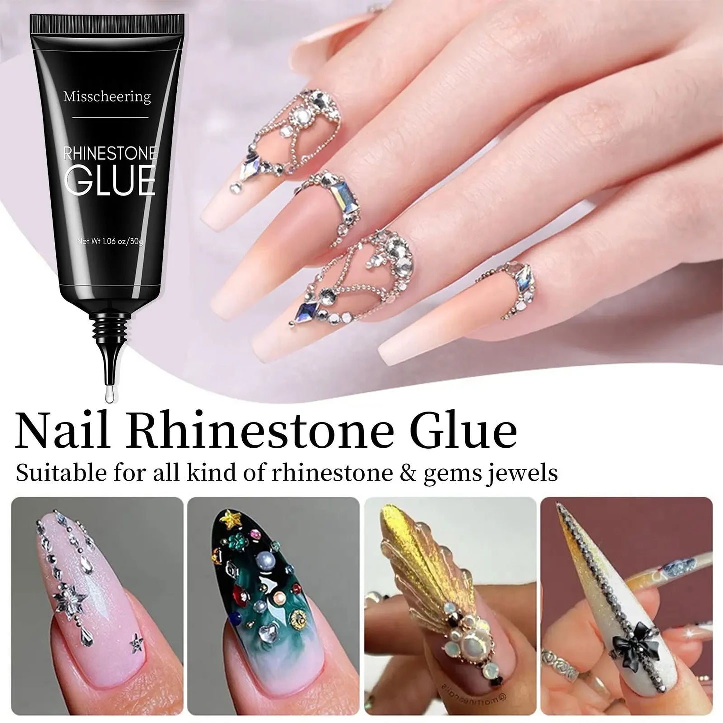 Nail Rhinestone Glue Gel for Decoration Nails 30ml Super Strong Adhesive Gel DIY 3D Nail Crystals Gem Jewels Glitter