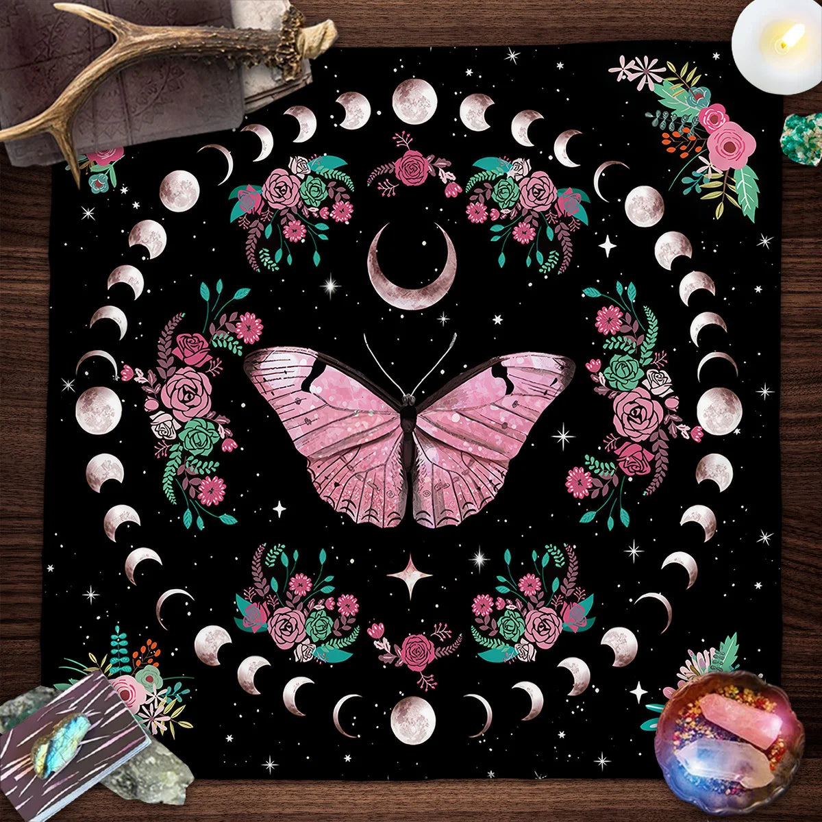 Pink Butterfly Moon Phase Floral Tarot Card Tablecloth  Altar Cloth Witchcraft Astrology Oracle Divination Cloth Home Decor