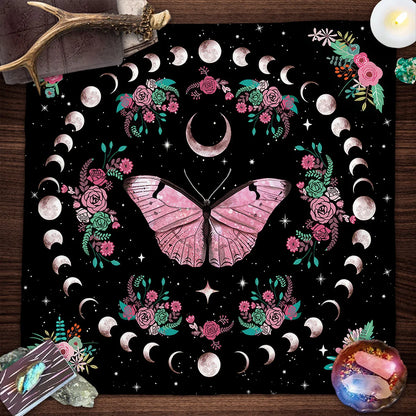 Pink Butterfly Moon Phase Floral Tarot Card Tablecloth  Altar Cloth Witchcraft Astrology Oracle Divination Cloth Home Decor