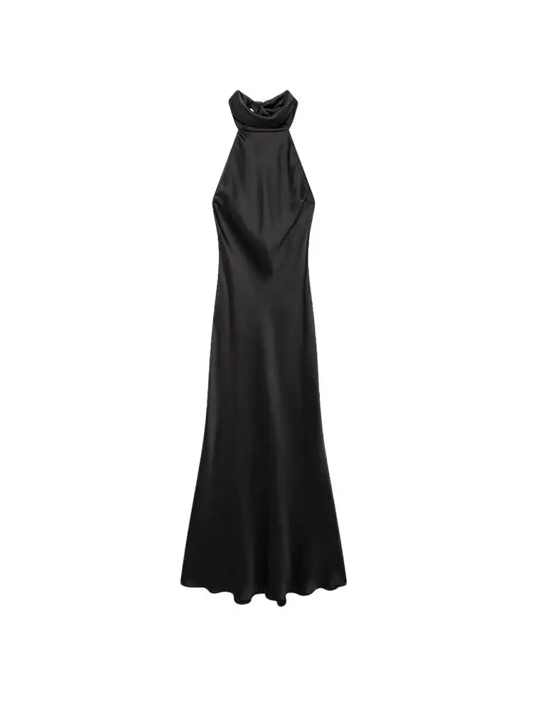 Women's Long Satin Halter Dress, Backless, Bow Tied, Back Zipper, Female Dresses, Sexy Fashion