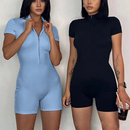 Zipper Dance Gym Jumpsuit Short Sleeve Playsuit Women Romper Sexy Yoga Fitness Overalls One Piece Sports Suit Workout Clothes