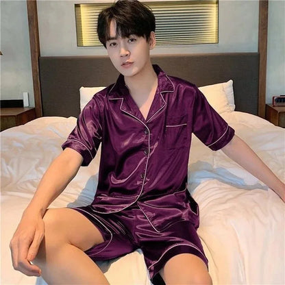 Solid Color Sleepwear Silk Satin Pajamas Couple Set Short-sleeved Pyjamas Suit Pijama Women Men Loungewear Plus Size Pj Set