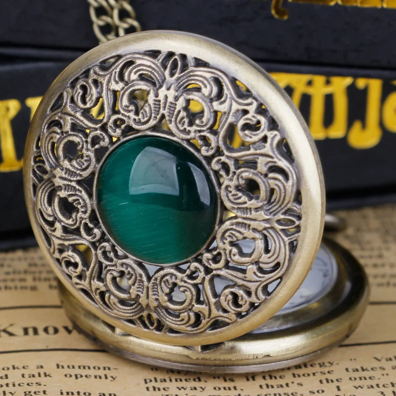 Vintage Arabic numerals face hollowed-out carving jade quartz pocket watch Bronze elegant style ladies gift clothing accessories