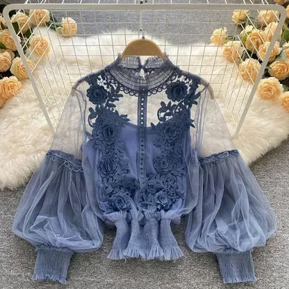 Lace Puff Long Sleeve Blouse Vintage Fashion Blouses Elegant Femme Blusas Korean Woman Tops Women Shirts Clothing Dropshipping
