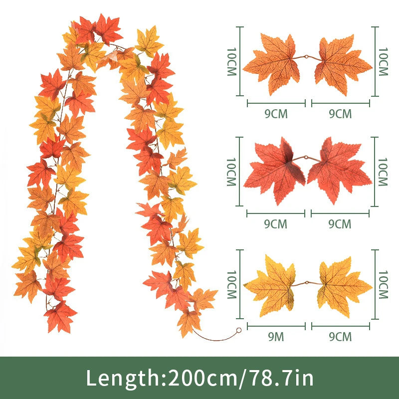 2M Artificial Maple Leaf Garland Fake Fallen Leaves Autumn Decor Rattan for Thanksgiving Halloween Festivals Wedding Xmas Decor
