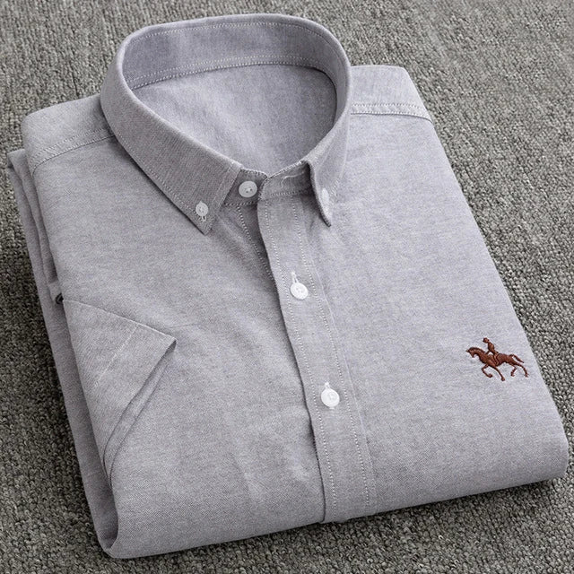 100% Pure Cotton Oxford Shirt For Men¡¯s Short Sleeve Solid Stripe Leisure Embroidered Horse Social Business Formal Dress Shirts