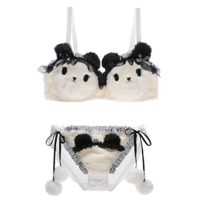 Women's Cartoon Panda Pattern Winter Lingerie Furry Plush Bra and Panty Set School Girl Japanese Anime Cosplay Underwear