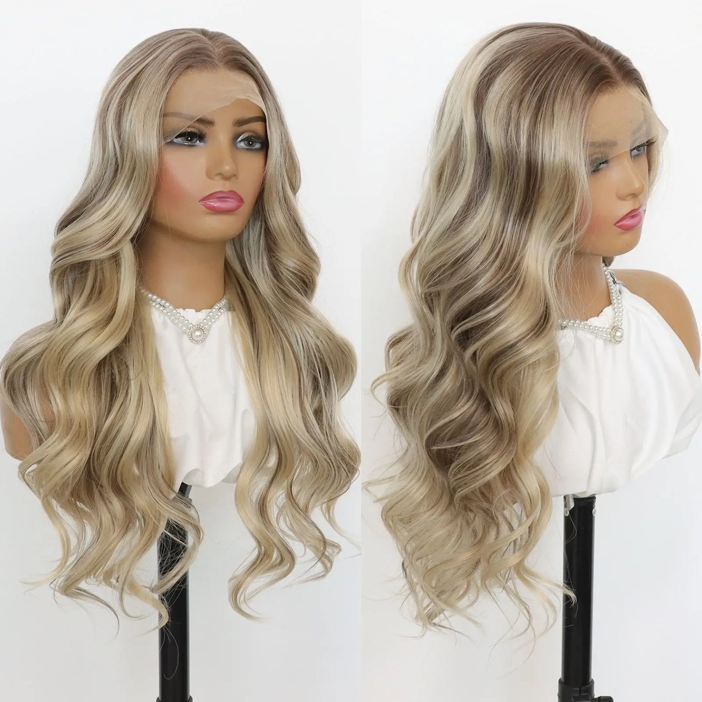 Blonde Highlight Lace Front Wig Long Wavy Ombre Brown Blonde 13x4 Synthetic Lace Front Wigs for Women 24 Inches