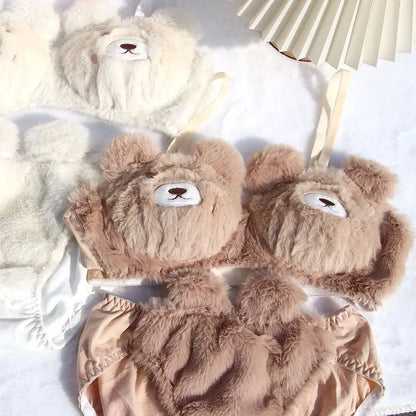 Japanese Girls Winter Soft Ropa Interior Cute Lingerie for Women Cartoon Bear Students Plush  Sexy Bras Wireless Thin Bra Set