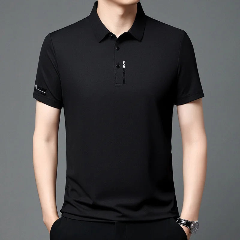 2025 Men's Short Sleeve Solid Color Polo Shirt Breathable Comfortable Elastic Top New Arrivals Casual Business Style
