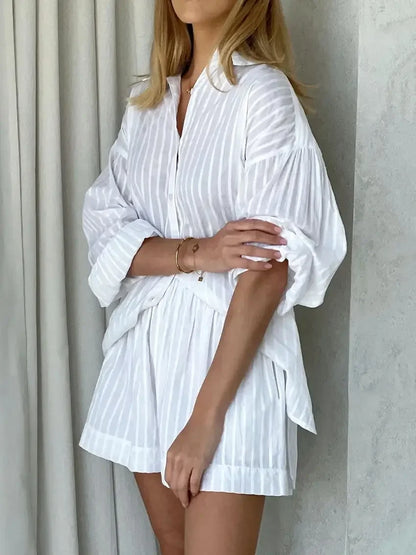 Wolfeel Casual Shorts Sets Striped Jacquard 2 Pieces Cozy Lapel Lantern Sleeve Shirt Summer Outfit Elastic Waist Shorts Suits