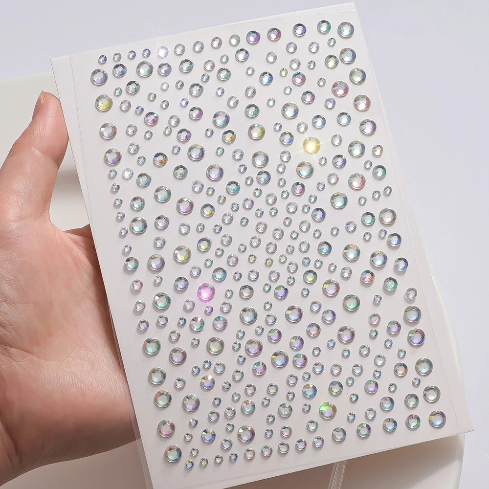 1sheet 900pcs Rainbow Face Glittle Gem Stickers Stick-On Facial Tattoo Eye Rhinestone Jewels 3/4/5mm Mix Wedding Party Make Up