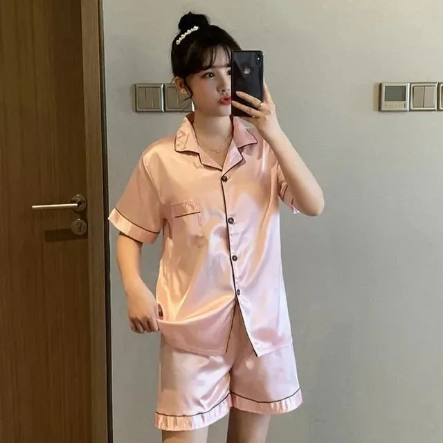 Solid Color Sleepwear Silk Satin Pajamas Couple Set Short-sleeved Pyjamas Suit Pijama Women Men Loungewear Plus Size Pj Set