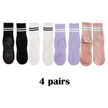 4 Pairs of Mid Tube Double Bar Striped Yoga Socks Anti Slip Dance Sports Breathable Socks Fitness Pilates Cotton Socks