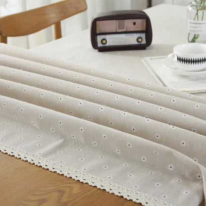 Daisy Flower Pattern Tablecloth Hot Sale Linen and Cotton Lace Edge Rectangular Table Cloth Home Hotel Textile