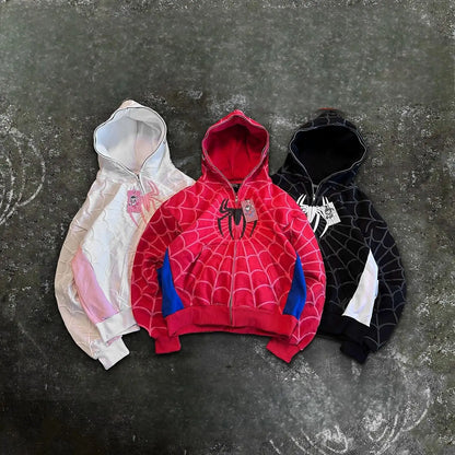 America Classics Gothic Red Spider Print Hooded Cardigan Full Zip Up Loose Men Women Hip Hop Hoodie Jacket Y2k Street Sweatshirt