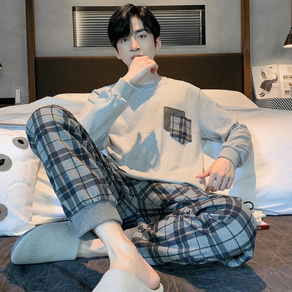 Spring Autumn Plus 4XL Knitted Men's Sleepwear Letter Lattice Pajamas Plaid Pajamas Sets Casual Loungewear Pyjamas Night Fashion