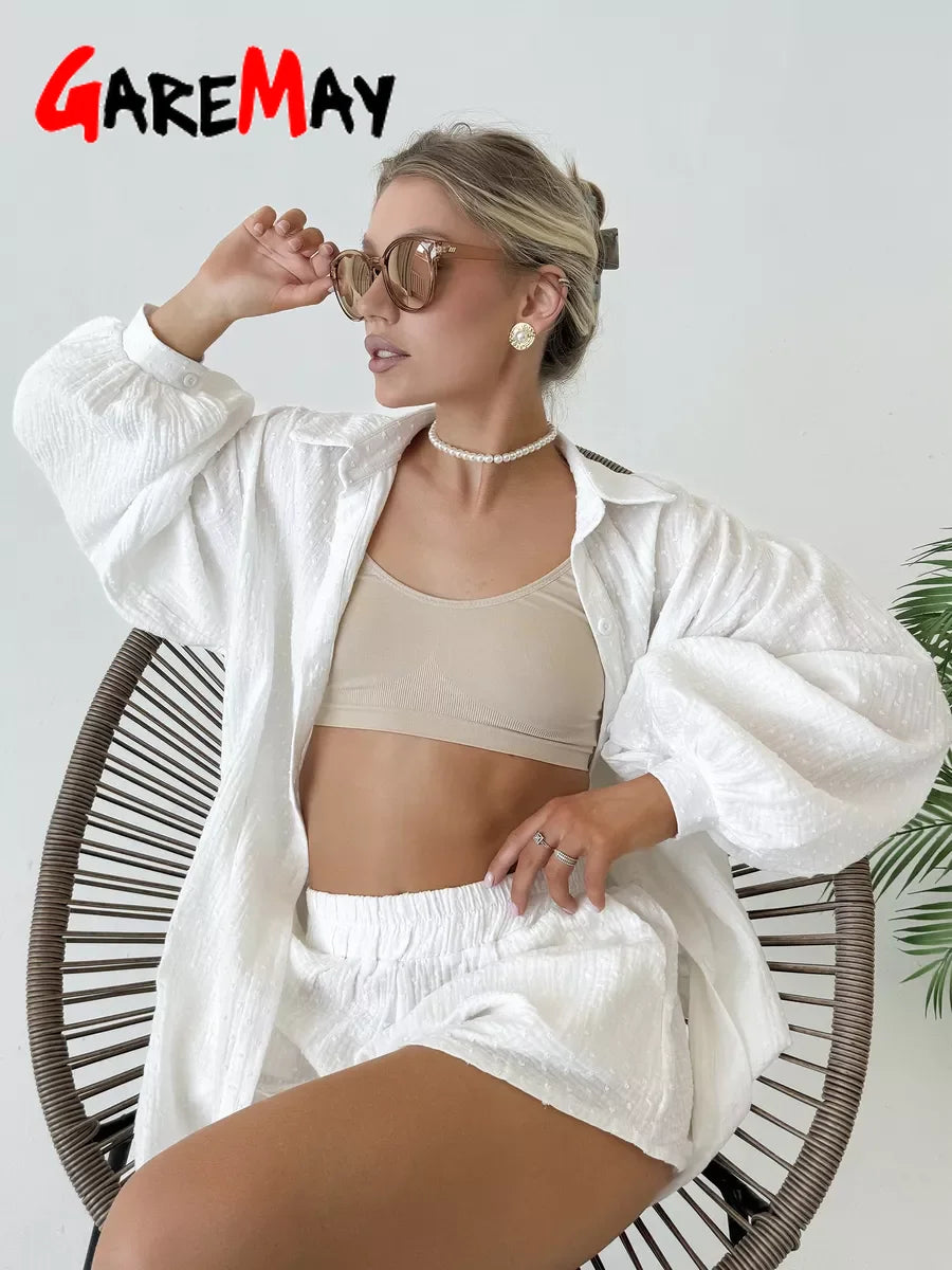 Women's Summer Suit with Shorts and A Shirt White Cotton 100% Two-piece Suit Female Long Sleeve  Oversize  Muslin Suit for Women