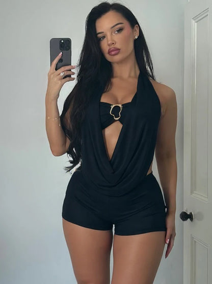 kliou Swinging Neck Backless Women Playsuits Sexy Stunning Pleated Backless Slim Rompers+Inside Wrapped Chest Tanks Party Wear