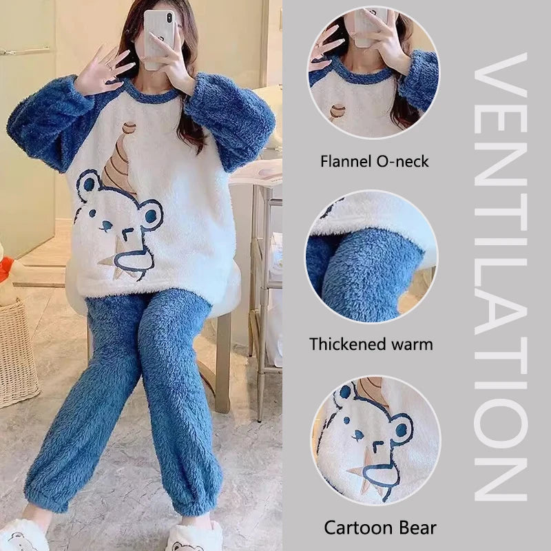 Thickened Warm Flannel Women¡®s Sleepwear Coral Velvet Pajamas Winter Cute Cartoon Bear Padded Two Sets Girl Nightwear Loungewear