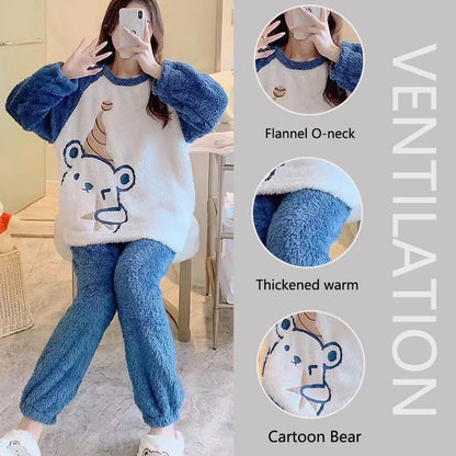 Thickened Warm Flannel Women¡®s Sleepwear Coral Velvet Pajamas Winter Cute Cartoon Bear Padded Two Sets Girl Nightwear Loungewear