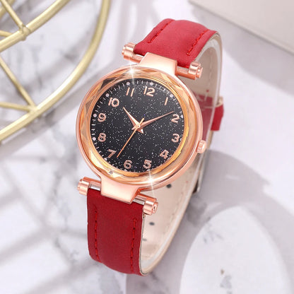 6PCS/Set Red Women's Watch With Minimalist Elements Dial Quartz Watch Latex Strap Cherry Elements Jewelry Set Girl's Gift